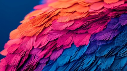 Obraz premium A vibrant close-up of layered, multicolored feathers in shades of pink, purple, and blue, showcasing intricate details and textures.