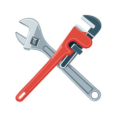 Adjustable wrench and pipe wrench crossed on black background. Plumbing, repair, building tools.