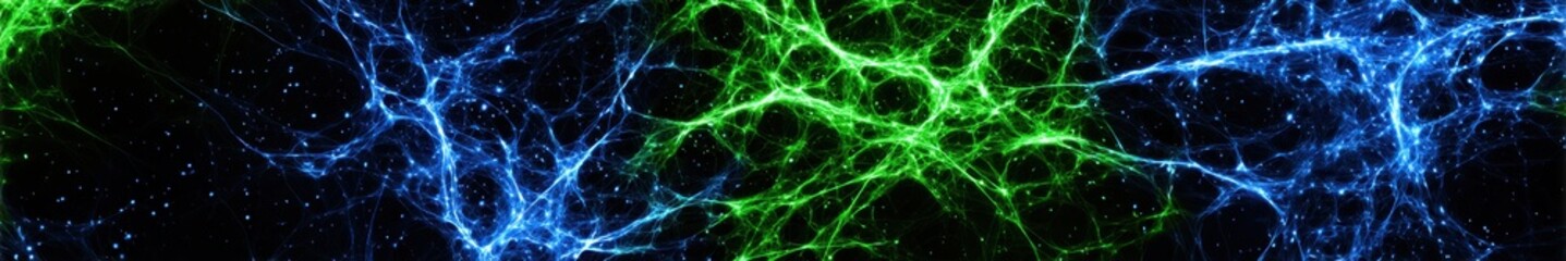 Fototapeta premium Energetic Futuristic Horror - Abstract Glowing Spiderwebs in Electric Blue and Lime Green on Black Background