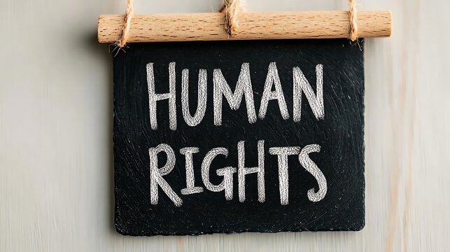 A chalkboard sign displays the phrase "Human Rights," emphasizing the importance of fundamental freedoms and dignity for all individuals.