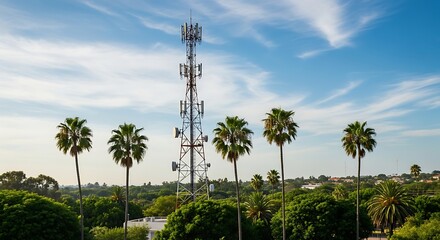 Obraz premium Telecommunication Tower on Sunny Day – Infrastructure and Connectivity Concept