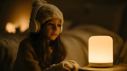 Young girl listening to music in a cozy bedroom.