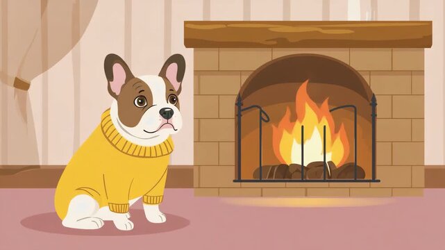 Cartoon-style, French bulldog in a fluffy sweater, sitting by a fireplace, cozy and warm ambiance, exaggerated cuteness, soft and inviting colors
