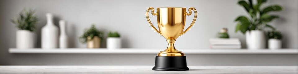Success Symbol: Small Trophy on Shelf with Copy Space for Business Recognition Achievement Concept
