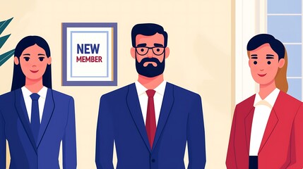 A group of three professionals stands together, celebrating a new member's arrival, with a decorative sign in the background.