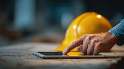 Modern Construction Digitalization: A construction worker's hand interacts with a tablet in a well-lit environment, next to a yellow safety helmet.
