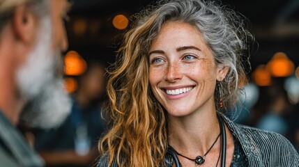 Close-up of a woman smiling, light-colored hair, looking at a man