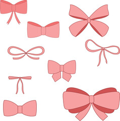 A set of pink ribbon bows in different shapes and styles. Flat vector illustration on white background. Suitable for decoration, gift wrapping, fashion, or festive design projects.