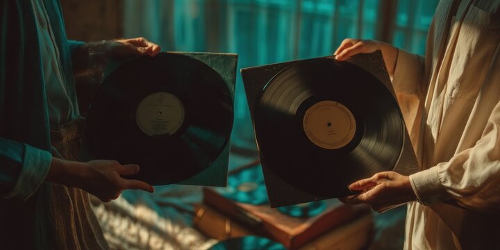 Vinyl records held by two people in vintage setting, music sharing - Powered by Adobe