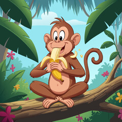 Adorable cartoon monkey enjoying a ripe banana on a tree branch.