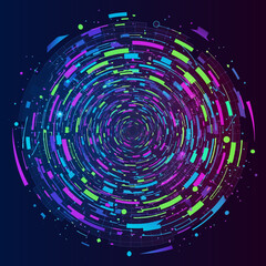 Abstract Circular Digital Data Stream with Vibrant Neon Colors.