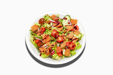 Salad-with-toppings-on-white-plate-silohoutte-background