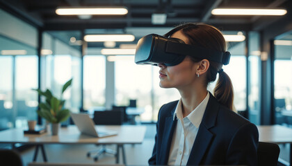 Professional Woman Using VR Headset - Immersive Technology Experience in Corporate Environment for Digital Innovation and Workplace Future Concepts