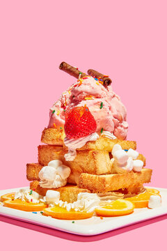 Korean-Food-French-Toast-with-Ice-Cream-and-toppings-on-white-plate-pink-silohoutte-background_2