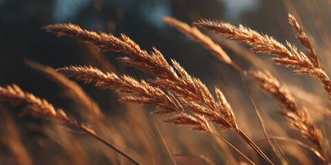 Golden wheat stalks in a field, illuminated by warm sunlight