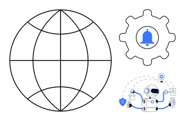 Globe indicating global communication, gear with notification alert inside, and robot managing data. Ideal for technology, AI, data processing, connectivity, automation, notifications security