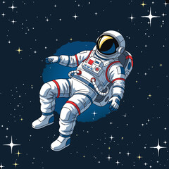 Cartoon Astronaut Floating in Space with Stars and Dark Hole.
