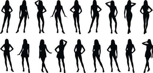 Fashion model silhouettes, stylish women poses, elegant female shadows, trendy outfits, standing posture, beauty concept, high heels fashion, modern design, black and white illustration, chic style