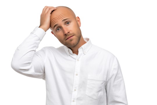 Bald man touching his head with eyes closed, expressing stress, pain, or fatigue. Isolated on transparent background, concept of headache or emotional struggle