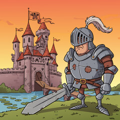 Obraz premium Cartoon Knight in Full Armor with Greatsword and Castle Background.