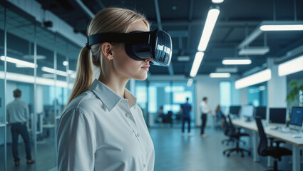 Obraz premium Female Professional Using VR Headset – Business Woman Experiencing Virtual Reality in Modern Tech Office for Digital Innovation, Corporate Training, and Technology Demonstrations