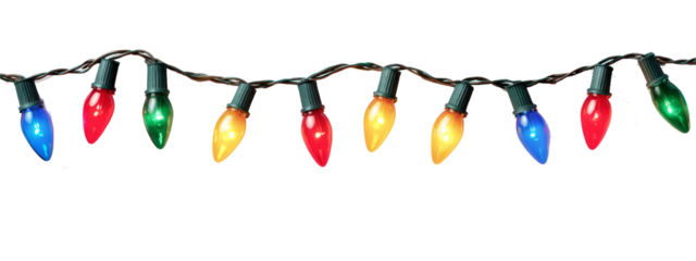 A festive string of classic colorful Christmas lights with red, blue, and green bulbs isolated on a white background for holiday decoration.