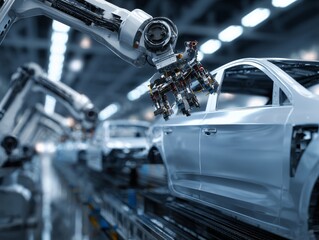 Fototapeta premium Advanced automotive assembly line featuring robotic arms constructing vehicle in modern smart factory