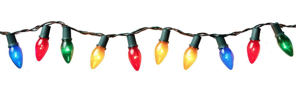 A festive string of classic colorful Christmas lights with red, blue, and green bulbs isolated on a white background for holiday decoration.