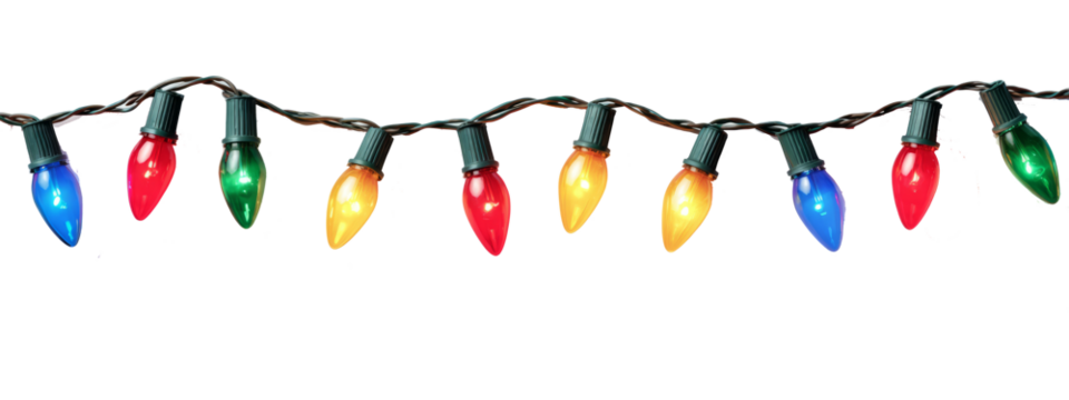 A festive string of classic colorful Christmas lights with red, blue, and green bulbs isolated on a white background for holiday decoration. - Powered by Adobe