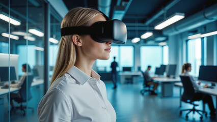 Professional Woman Using VR Headset in Modern Office Environment - Immersive Technology for Business Training, Digital Presentations, and Corporate Innovation