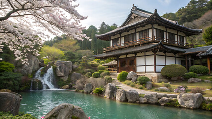 Japanese temple building with waterfall and cherry blossoms in a garden Japanese garden spring