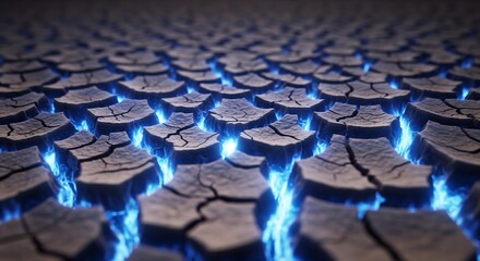 Fototapeta premium A photorealistic image of a dark, cracked earth background, with the cracks filled with a beautiful, glowing, molten gold, like Kintsugi.