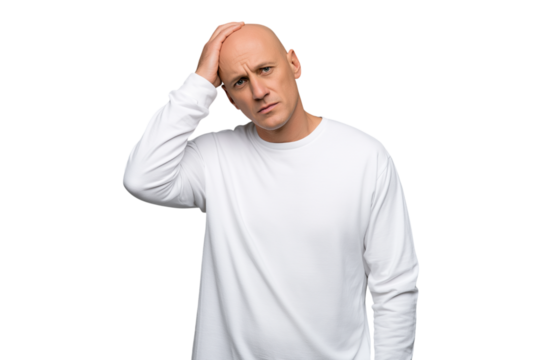 Bald man touching his head with eyes closed, expressing stress, pain, or fatigue. Isolated on transparent background, concept of headache or emotional struggle