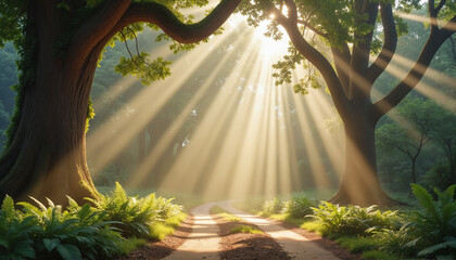 Sunlight Rays Through Ancient Forest Canopy - Mystical Woodland Path with Morning Light Beams for Nature Photography, Meditation Backgrounds, and Environmental Awareness