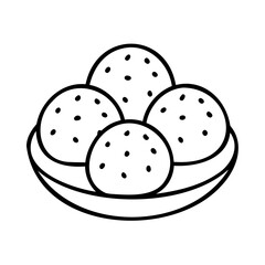 Line art four takoyaki balls in a dish food japanese