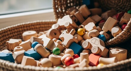 A sunlit jumble of eco-friendly wooden toys for children spilling from a woven basket.
