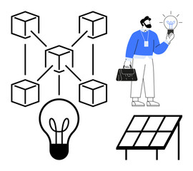 Blockchain network connecting cubes, lightbulbs symbolizing ideas, and solar panel with professional holding glowing idea. Ideal for technology, energy, innovation, sustainability, eco solutions