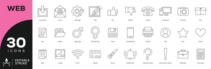 Web & Mobile UI Icon Set - 30 Editable Stroke Vector Icons for Apps and Websites (Download, Email, Settings, Heart, Wi-Fi)