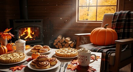 Fototapeta premium A cozy rustic cabin interior with a warm fireplace, a table of autumn pies, cinnamon rolls, and hot drinks.