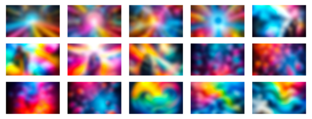 Abstract vibrant color gradients displayed in a grid of square panels with soft blurry light effects