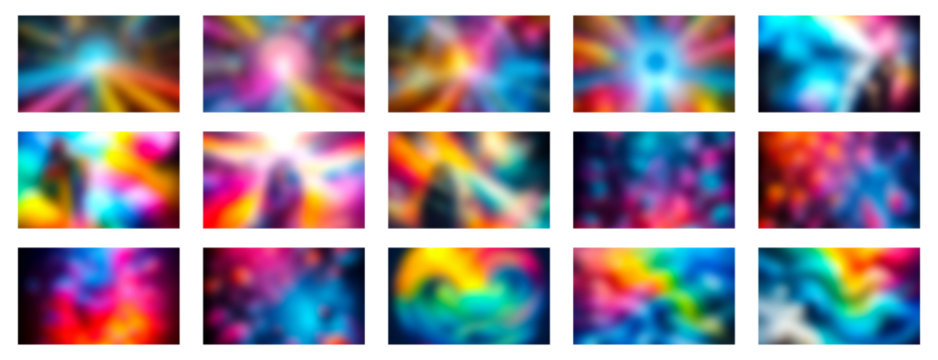 Abstract vibrant color gradients displayed in a grid of square panels with soft blurry light effects