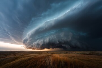 Epic Supercell Storm Cloudscape over Rural Prairie Landscape at Sunset