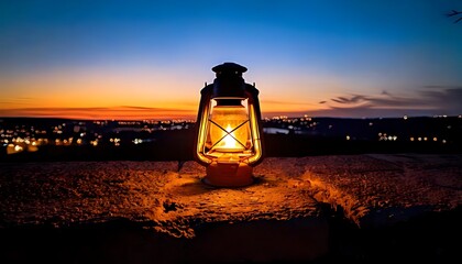 Warm Lantern Light on Stone at Sunset City Skyline