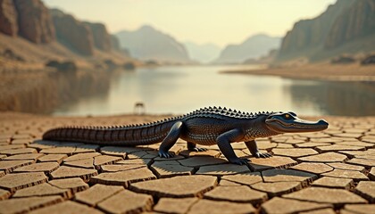 Striking alligator traversing dry cracked earth in arid canyon landscape