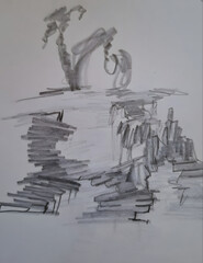 Abstract pencil drawing of figures near rocky shoreline  