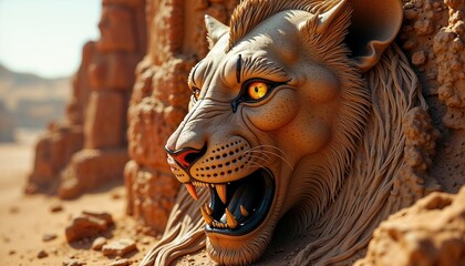 Aggressive lion head sculpture with orange eyes carved into sandy desert wall