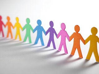 Colorful Paper Cut-Out People Holding Hands in a Line on White Background, Symbolizing Unity, Diversity, and Togetherness in Minimalistic Style