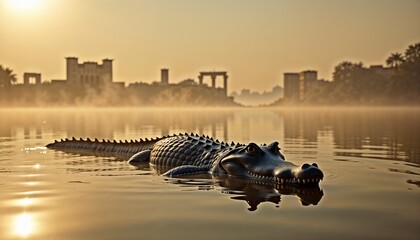 Plastic-textured alligator submerged in calm water at sunrise with hazy cityscape