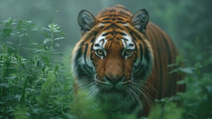Majestic tiger portrait in lush greenery, wildlife animal in nature
