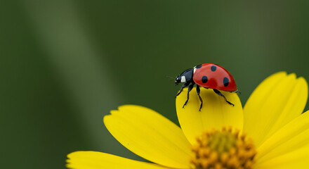 Ladybug walking across a yellow flower on a sunny morning, macro close-up with blurred background.